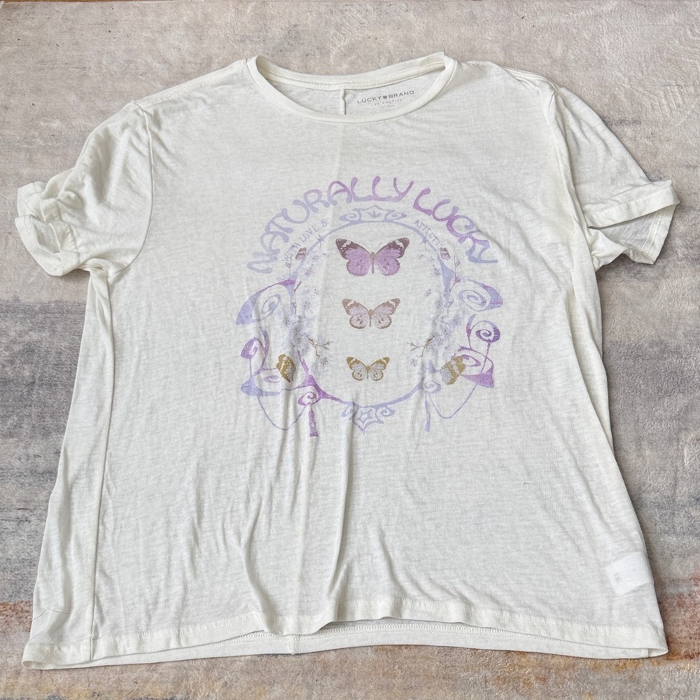 (032)Lucky Brand White Tee with Purple and Gold Butterflies